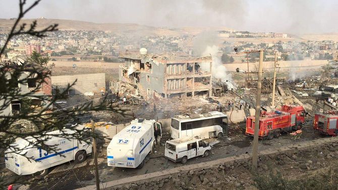 2016年8月26日、トルコ南東部シュルナク県ジズレで、自動車爆弾により破壊された警察庁舎（トルコ）