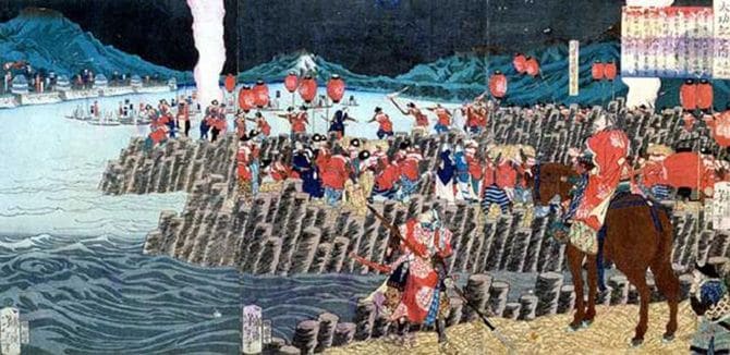 『高松城水攻築堤の図』（明治時代、月岡芳年画）