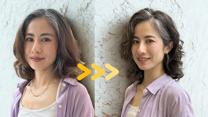 10代からくせ毛、20代後半から白髪に悩んできた毛髪診断士のYukariさん。30代で隠すことをやめ、スタイリングを変えたら人生変わった、と語る。
