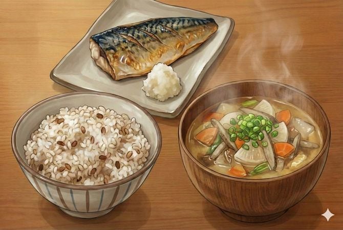 根菜や豆の具だくさん味噌汁＋焼き魚（塩サバ）＋もち麦ごはん