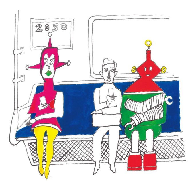 電車の椅子に座るビジネスマンとロボットのイラスト