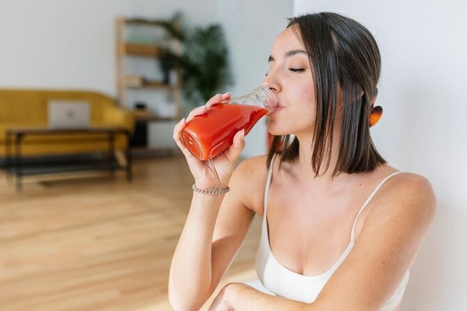 フィットネストレーニング後にトマトジュースを飲む若い美しい女性