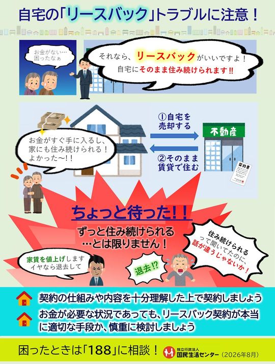 国民生活センター「自宅の『リースバック』トラブルにご注意!」