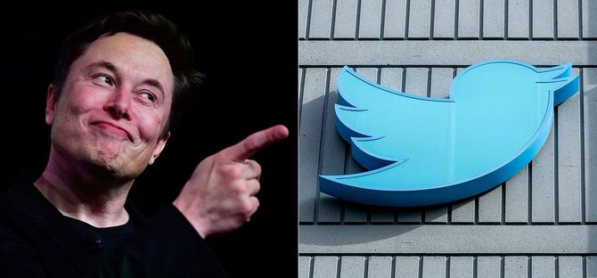 米実業家イーロン・マスク氏（左）とツイッターのロゴ