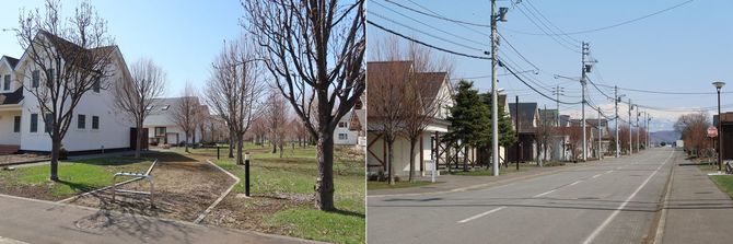 南北に並ぶ住宅の間には広い緑道がある。景観、日当たりが良いため、通常だと南向きの土地から売れるものがここでは北側から売れたという。敷地内には広い公園も作られており、遠くに旭岳も望める