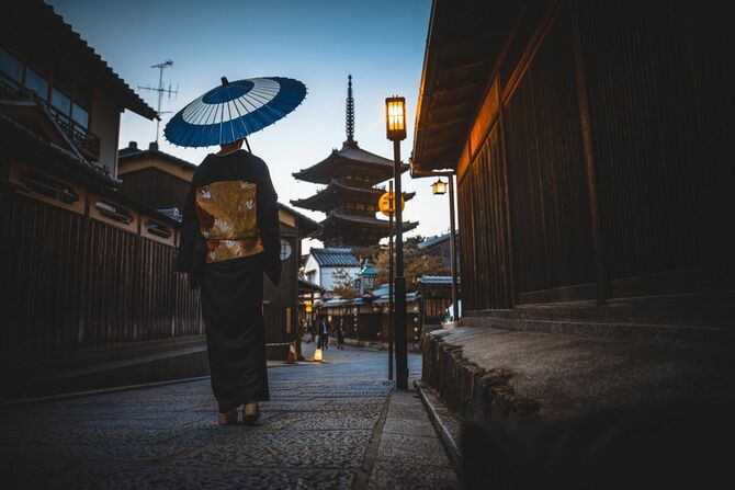 京都の路地を歩く着物の女性