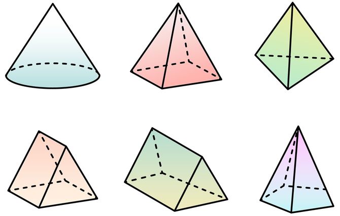 四面体、円錐と三角柱、六角形のピラミッドなど幾何学図形