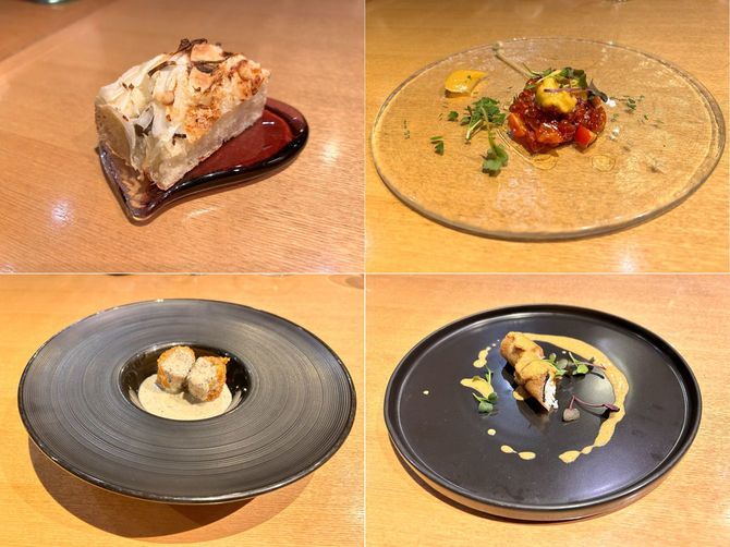 「築地ボン・マルシェ」のシェフが考えたクジラ料理。左上から①クジラ肉を使った米粉パン、②赤肉のタルタル、③さえずりを使ったコロッケ、④タラバガニとクジラの春巻き