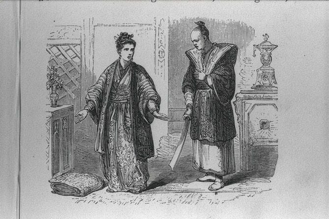 細川ガラシャの最期を描いた挿絵（ウィリアム・ダルトン著『ウィリアム・アダムス　日本における最初のイギリス人』1866年刊、国際日本文化研究センター所蔵）