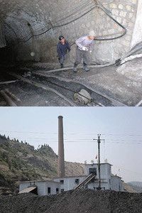 山西省の炭鉱で働く労働者(上)と炭鉱(下)。
