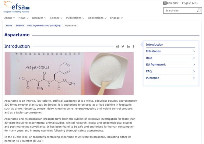 欧州食品安全機関（EFSA）のアスパルテームを説明するウェブページ。30年以上にわたってさまざまな研究が行われ安全だとみなされる化合物であることが説明されている