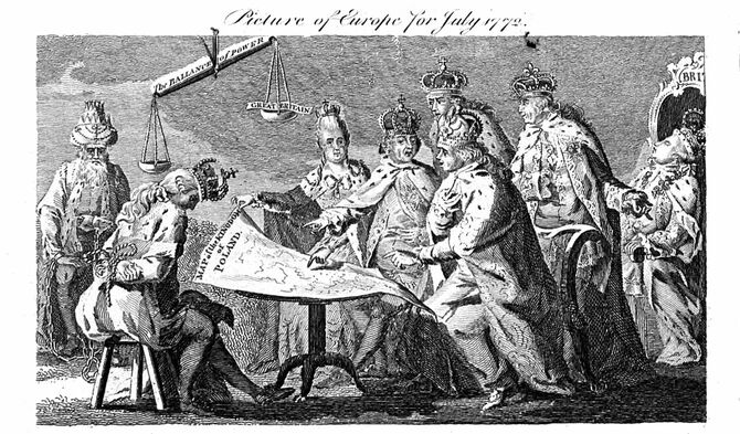 テーブルに着くエカチェリーナ2世（帝政ロシア）、フリードリヒ2世（プロイセン）、ヨーゼフ2世（オーストリア）が、ポーランド分割に合意している様子を描いた第1次ポーランド分割の寓話画（1772年）。テーブルの左には後ろ手に縛られたポーランド王が描かれている