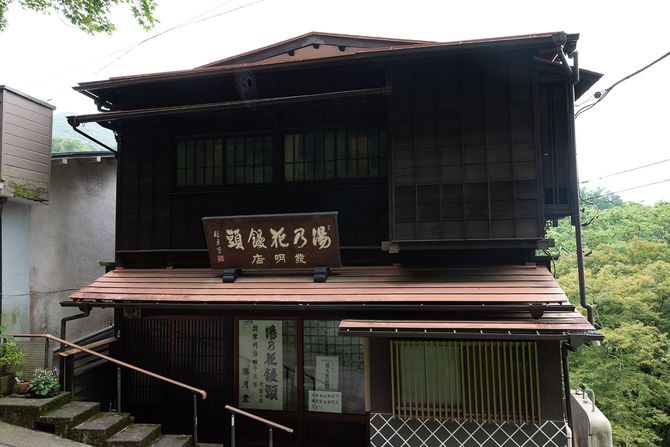 明治43年創業の勝月堂。温泉まんじゅう発祥の店とされる