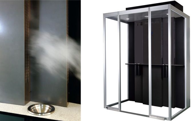 左＝煙を素早く吸引し、奥にある三層構造のフィルターで煙、臭いを除去する。 右＝分煙ブース内に取り付けられたセンサーが人の動きを感知し、自動で稼働、停止する設計になっている。