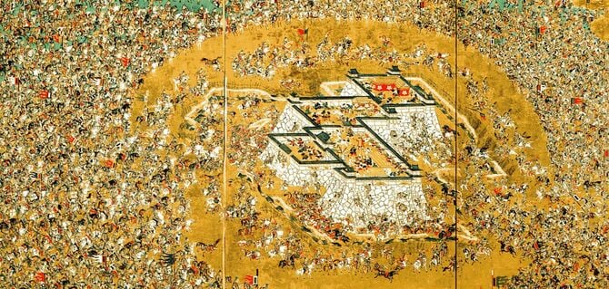 慶長の役における蔚山城の戦い（1597）で、明・朝鮮連合軍に包囲され苦戦する加藤清正軍を描いた「蔚山城合戦図屏風」