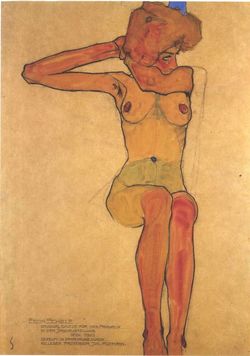 シーレ20歳の作品『右腕を伸ばして座っている裸像』（1910）。個人蔵