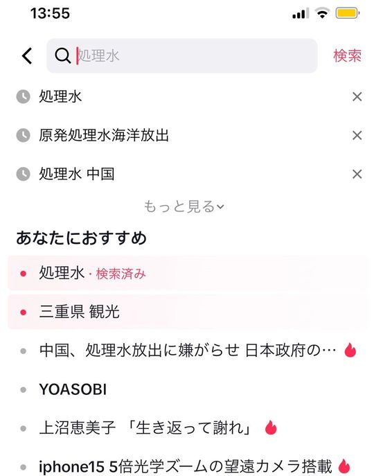 「処理水」で検索した後の画面表示