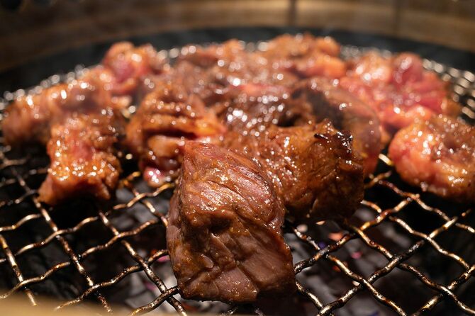 網の上で焼かれている焼き肉