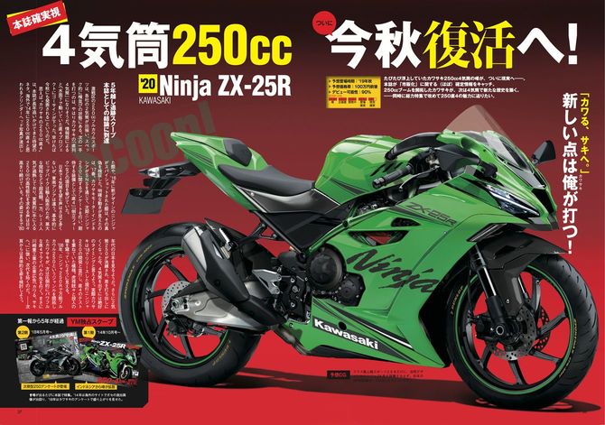 発売前にいち早く『Ninja ZX-25R』を取り上げた、バイク雑誌『ヤングマシン 2019年8月号』の誌面。現在の実車のデザインとは異なる