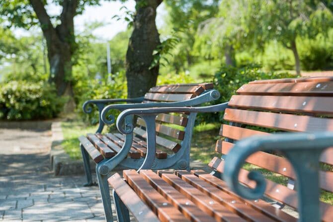 公園の道にあるベンチ