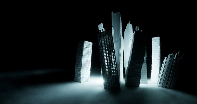 暗闇に浮かぶ破壊された都市