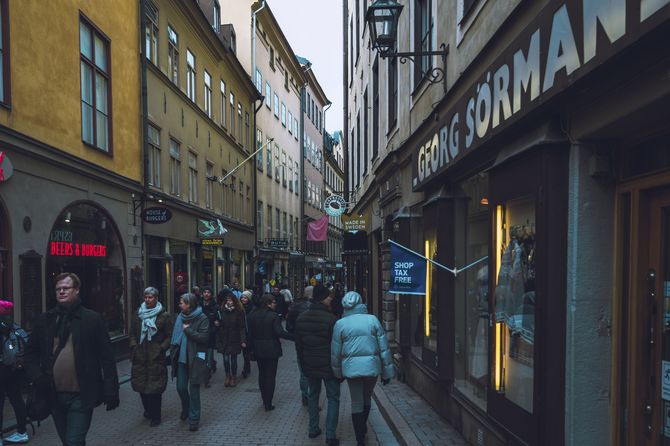 Crowded street in the old town of Stockholm, Sweden in early March 2020. 