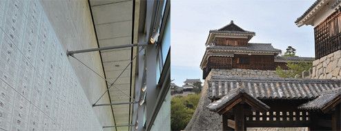 街のシンボルである松山城が、今日も人々の暮らしを見守っている（右）。来館者が絶えない「坂の上の雲ミュージアム」。建築物としても魅力的（左）。