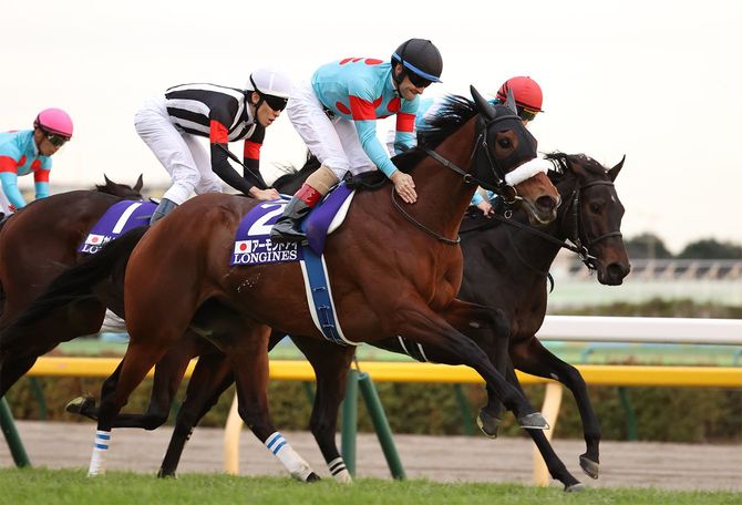 第40回ジャパンカップ（GI）を制したクリストフ・ルメール騎乗のアーモンドアイ（牝5歳、父ロードカナロア、美浦・国枝栄厩舎、写真手前）。右は3着のデアリングタクト＝2020年11月29日、東京競馬場