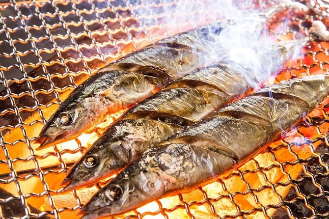 網の上で焼かれているサンマ