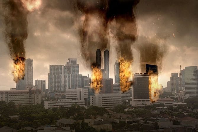 あちこちで火災が発生している街