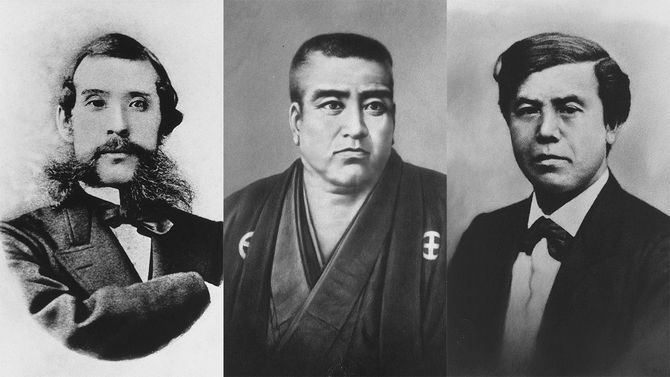 左から、大久保利通、西郷隆盛、木戸孝允