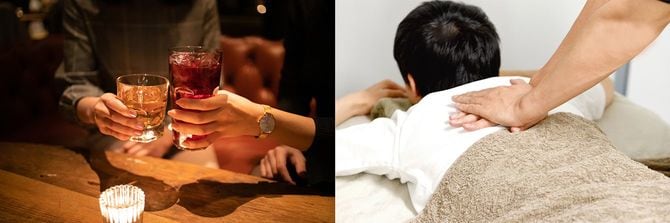 バーで乾杯する／マッサージを受ける男性