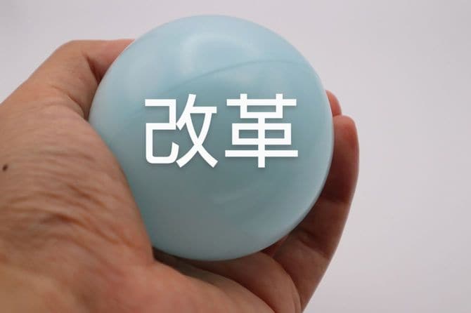 握りしめたボールに「改革」のテロップ