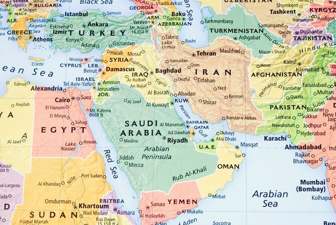 東、ペルシャ湾、およびパキスタン地域の地図
