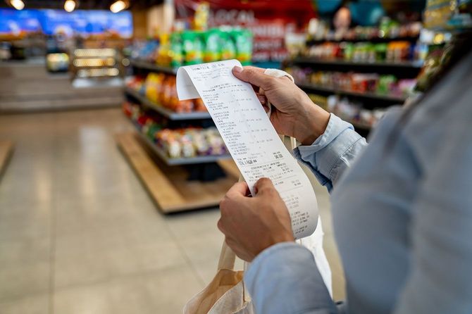 スーパーで買い物をし、レシートを確認する女性