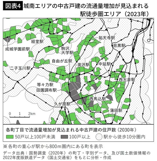 【図表4】城南エリアの中古戸建の流通量増加が見込まれる駅徒歩圏エリア（2023年）