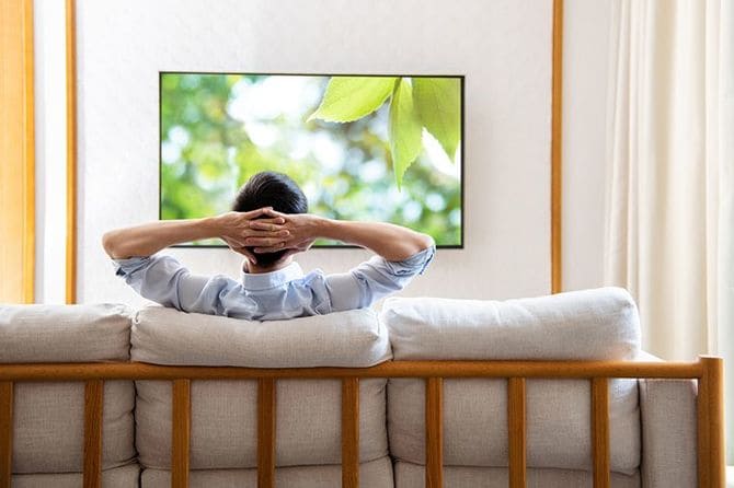 家でテレビを見ている青年