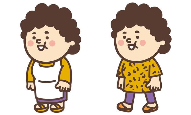 東京のデザイナーの手で爆誕した「おかん」。エプロン姿の“お家おかん”（左）と、ヒョウ柄シャツにつっかけの“お出かけおかん”（右）の2パターンいる。