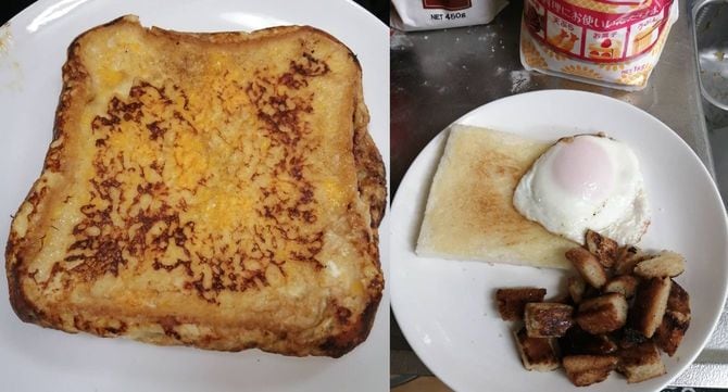 Aさんのある日の食事。たまのぜいたくはフレンチトーストや目玉焼きだ。