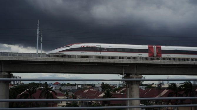 暗く重い曇天模様のなか進む高速列車のwhoosh