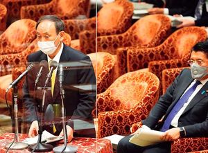 衆議院内閣委員会で答弁する菅義偉首相(左)と平井卓也デジタル改革担当相(2021年3月31日)。