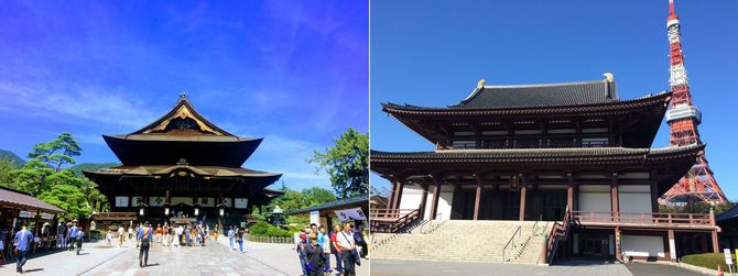 （左）長野の善光寺ではご開帳が1年延期に／（右）東京の増上寺では万全の対策で初詣客を受け入れる