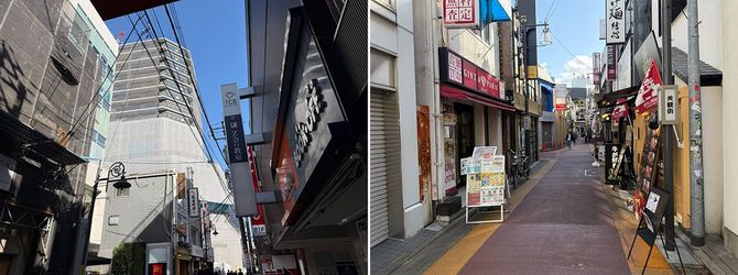 左　駅前再開発が進む自由が丘　右　昔ながらの飲食店街