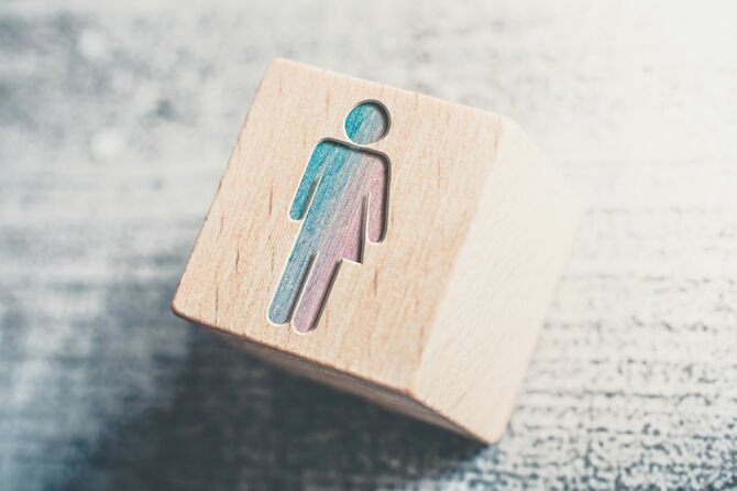 木製ブロックに、男性と女性を表すピクトグラムが融合して彫られていて、カラーリングは青とピンクが混じり合っている