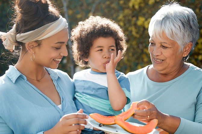 晴れた日にパパイヤを食べる家族