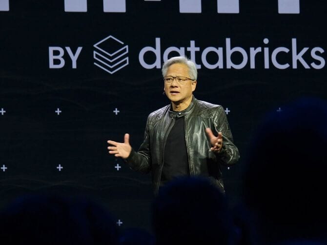 米新興企業データブリックスのイベントに登壇した米エヌビディアのフアン最高経営責任者(CEO)=2024年6月12日午前、アメリカ・カリフォルニア州サンフランシスコ