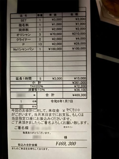 2024年1月のホストクラブでの伝票。シャンパン代10万円などを合わせ、一晩の支払額は40万円を超えた