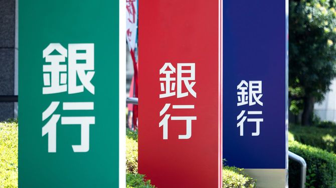 銀行の看板が並ぶ通り