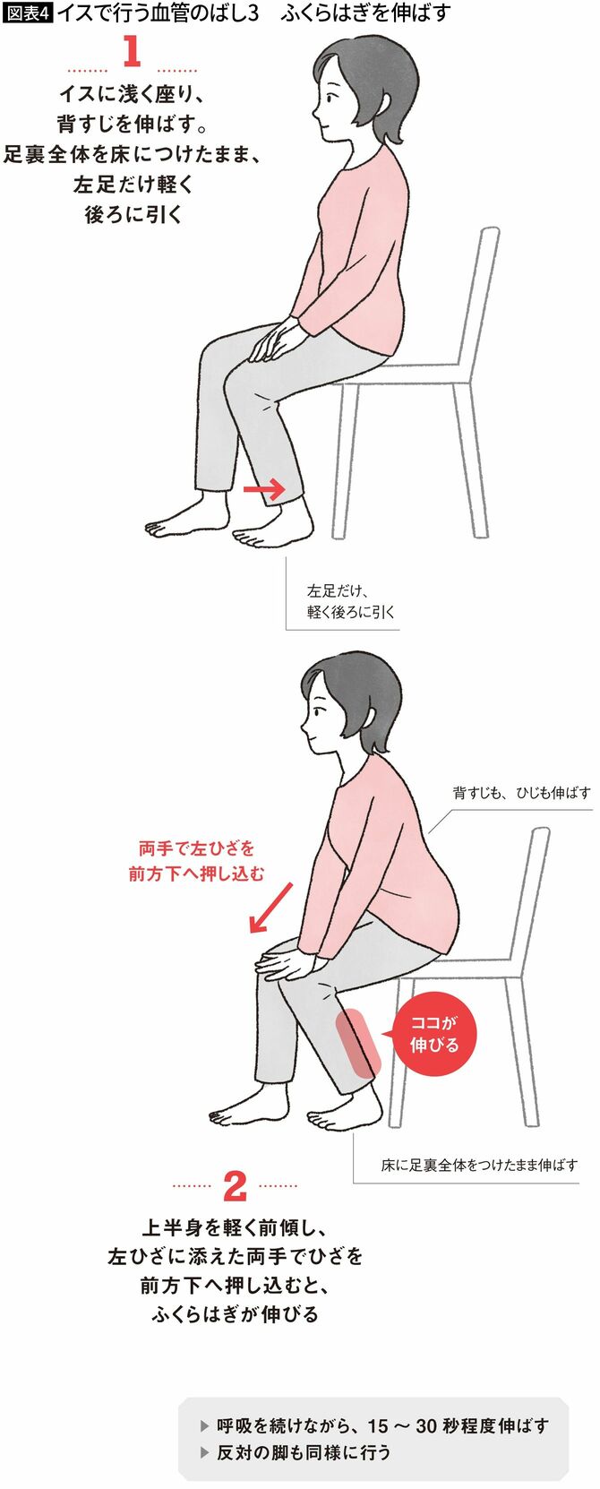 【図表4】イスで行う血管のばし3　ふくらはぎを伸ばす