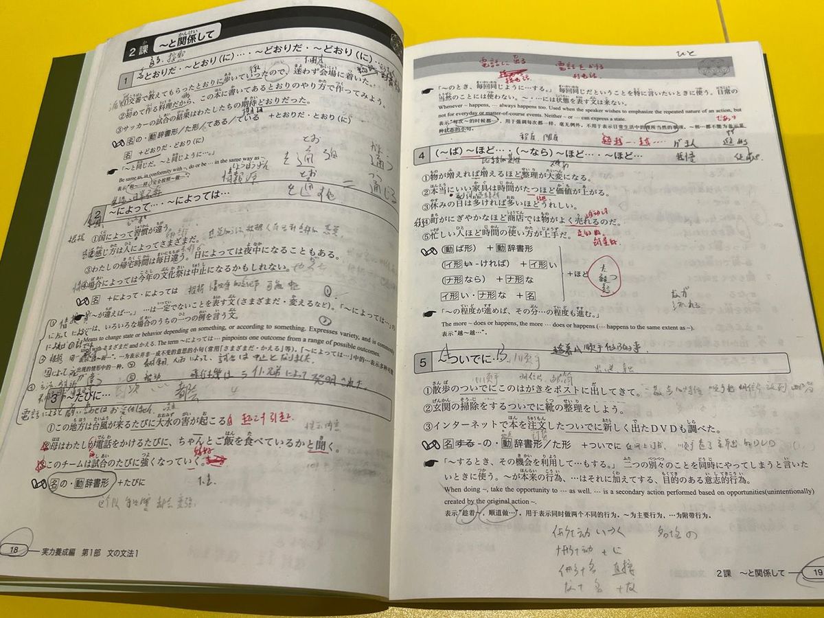 劉さんが使う日本語のテキスト。熱心なメモが書き込まれている